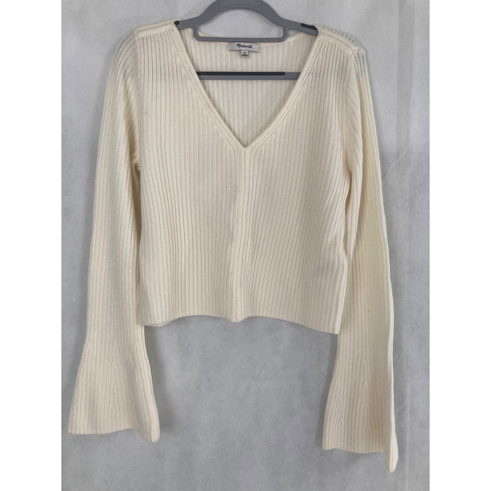 Madewell Ribbed V-Neck Sweater Size XL Cream Ivory 100% Merino Wool Bell Sleeve